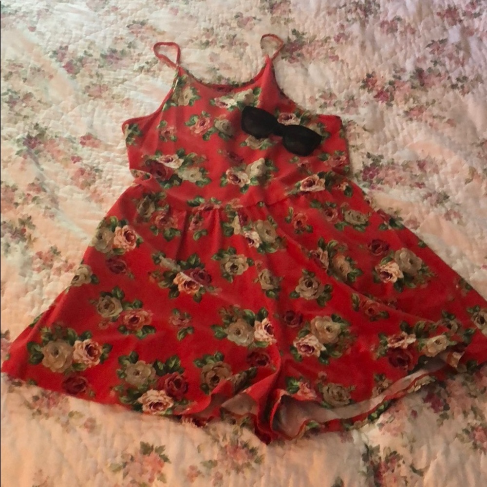 Red floral romper with pockets, halter top